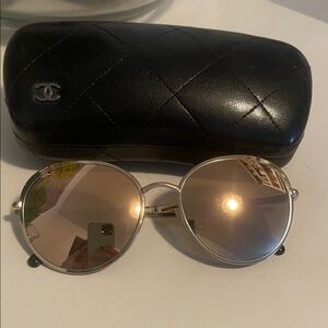 CHANEL Gold Round Sunglasses with Black Quilted Case
